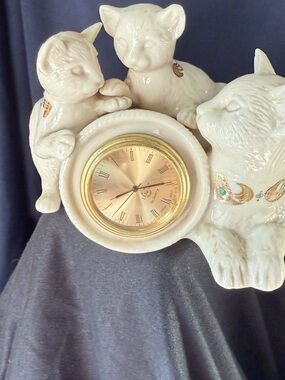 Lenox Cream Ceramic Three-Cat Mantel Clock with Gold Dial